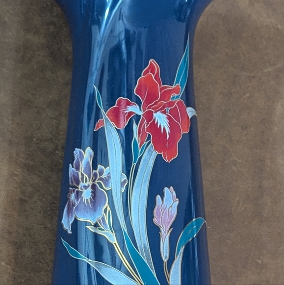 Vintage Japan 10.5" Navy Blue Vase Floral Iris Gold Trim by Fine China - Picture 2 of 7
